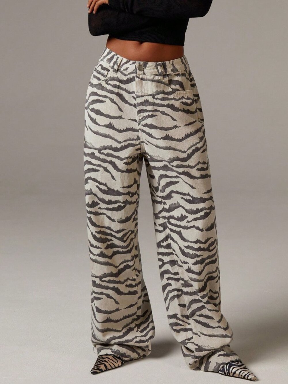 Khaki Casual Women's Zebra Print Low Waist Loose Wide Leg Jeans